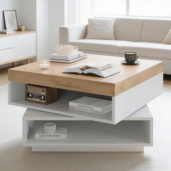 STILVORA Couchtisch 360° schwenkbare Kaffeetish mit LED-Leuchten und Freilagerbereich (Sofatisch mit offene Ablageflächen, aufgeräumte Platzierung, für Wohnzimmer, Schlafzimmer und Balkon), strapazierfähige Oberfläche, einfache Reinigung