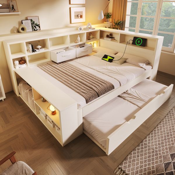 Stauraumbett 140x200 in Weiß, Holzbett mit Ausziehbett, 8 Staufächern & USB-/Type-C-Ladeanschlüssen – Platzsparendes Doppel- & Jugendbett, ohne Matratze