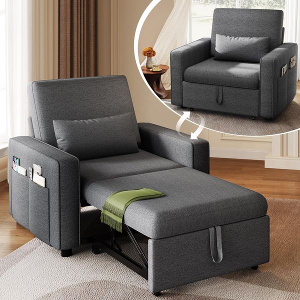 YITAHOME Schlafsessel mit Bettfunktion 192×88, 3-in-1 Ausziehbares Schlafsofa, Verstellbares Einzelsessel mit Kissen und Seitentasche, Sofa mit Schlaffunktion für Wohnzimmer Wohnung, Hellgrau