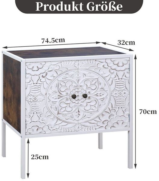 G-LEAF Kommode Aufbewahrungsschrank in Vintage Boho Stil, mit 2 geschnitzten Türen, mit verstellbarem Regal, Holzplatte und Metall-Beinen, 74.5×32×70cm