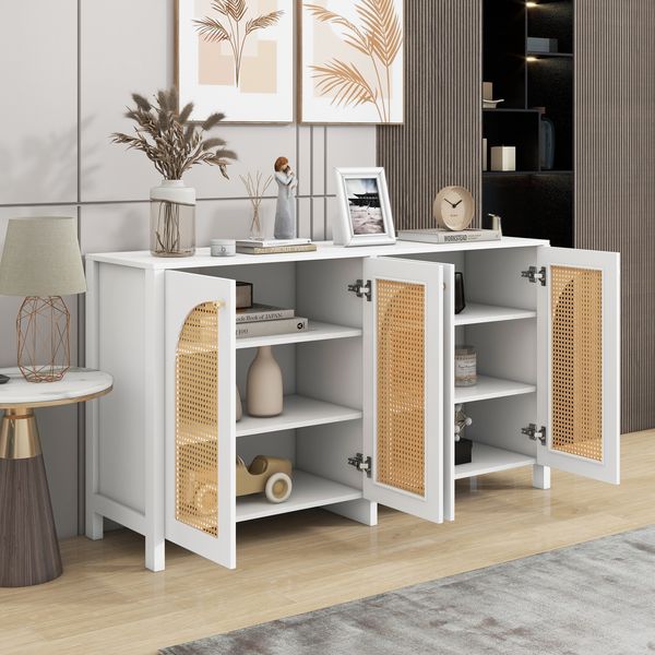 Sideboard in Weiß H 40 x T 145 x B 80 cm aus MDF mit 4 Türen und Kunst-Rattan-Design