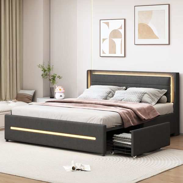 Polsterbett Leinenstoff mit LED & 4 Schubladen, 160x200 cm, Grau, ohne Matratze