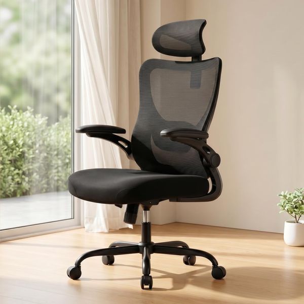 Marsail Bürostuhl Ergonomisch Schreibtischstuhl: Ergonomischer Bürostuhl mit 2D-Kopfstütze, 2D-Lendenwirbelstütze, klappbaren 3D-Armlehnen, 8 cm Sitzkissen, Höhenverstellung und 300 LB Belastbarkeit.