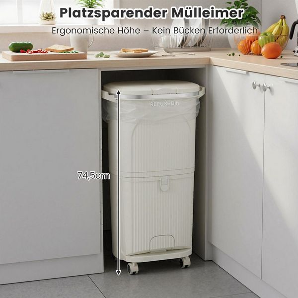 COSTWAY Mülleimer, Küche 3 Fächer Mülltrennsystem mit Rollen Tretmülleimer 38L