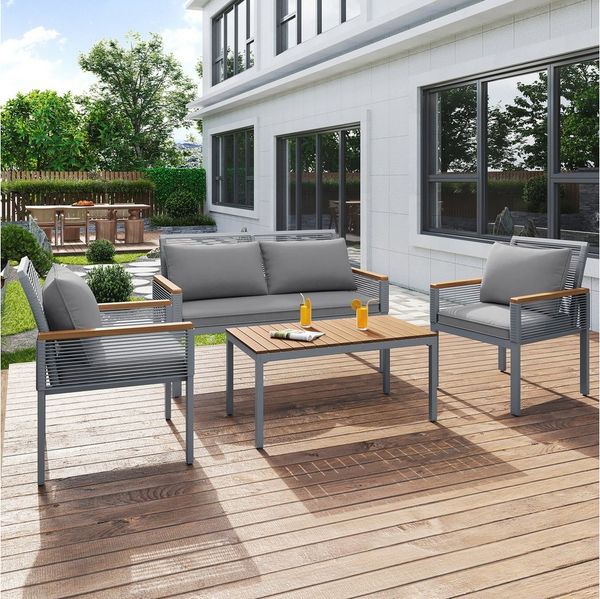 Merax Gartenlounge-Set, (4-tlg), Rope Gartenmöbel Akazienholz, Stahlrahmen