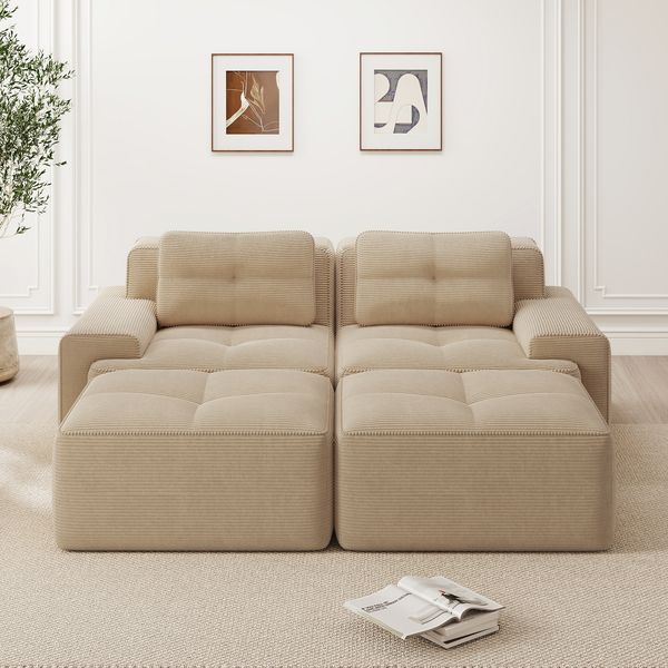 2-Sitzer Modulares Sofa aus Cord mit boneless Design & 2 Ottomanen, beige