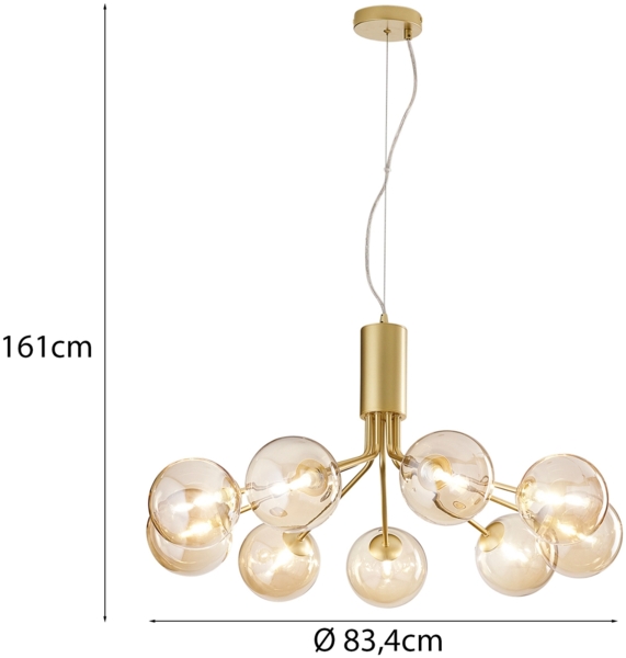 Große Pendelleuchte HONEY 9-flammig Gold-Glaskugeln Bernsteinfarbig, Ø 83cm Bild 4