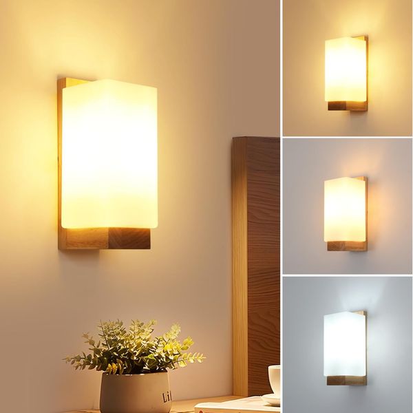 Comely Wandleuchte Innen Holz, E27 Vintage Wandlampe Innen mit Glas Lampenschirm, Rechteckige Wandbeleuchtung für Wohnzimmer Schlafzimmer Flur Treppen, Mit Glühbirne