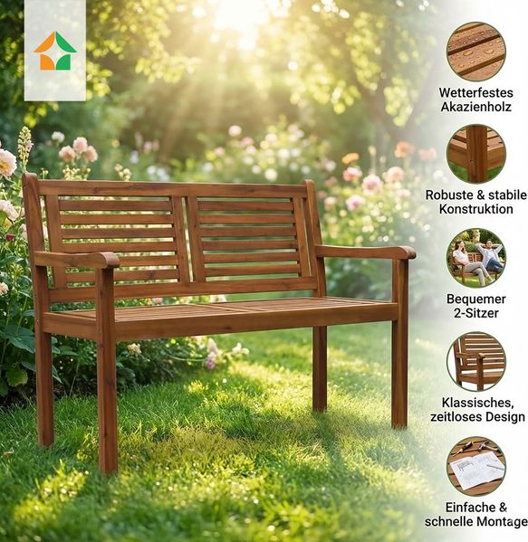 2-Sitzer Gartenbank aus Akazienholz, ca. 118 x 58 x 89 cm - Braun