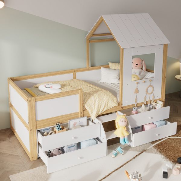Hausbett mit Schubladen, Rausfallschutz und Lattenrost, 90x200 cm, Kinderbett, Kiefer