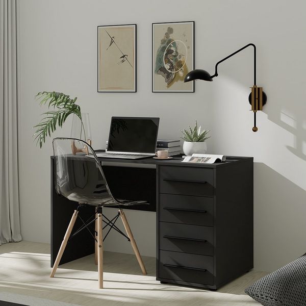 Lomadox Schreibtisch MOLLERUSA-132, 120cm breit, schwarz matt mit schwarzen Griffen, 4 Schubladen
