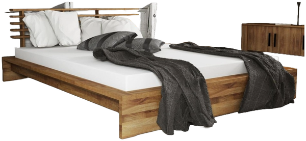 Bett Lubic 1 aus Wildeiche massiv 180x200 mit Sprossenkopfteil u. Holzfußgestell