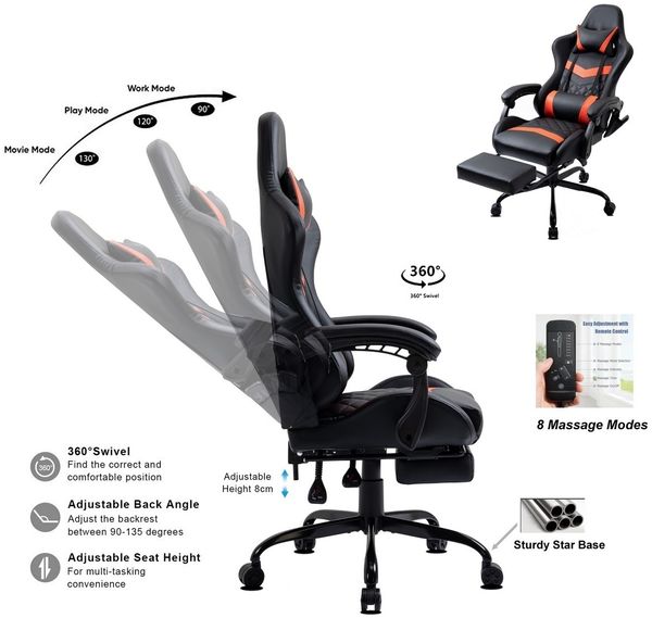 Delman Gamingstuhl, Massagefunktion mit 6 Vibirationspunkten Rot, 132 x 52 x 48 cm Bild 2