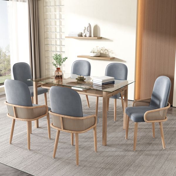 Esszimmerstuhl 6er-Set 90cm×32cm×45cm mit Rattan-Design – Grau, Samt, ca. 8 kg pro Stück