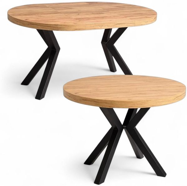 Runder Ausziehtisch Ø110/210 cm, Eiche Craft mit schwarzen X-Metallbeinen