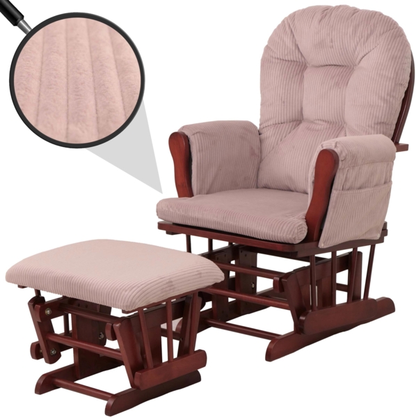 Relaxsessel HWC-C76, Schaukelstuhl Sessel Schwingstuhl mit Hocker Stoff Cord 320g/m² Öko-Tex ~ rosa Gestell dunkel