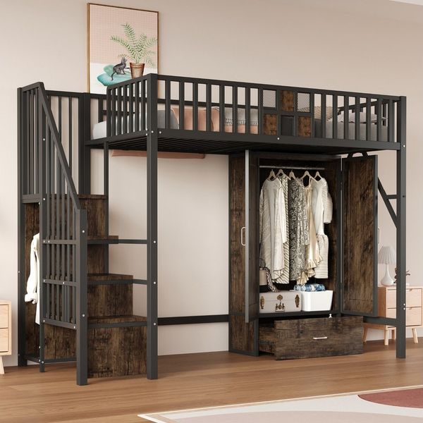 KLAM HOME Hochbett Hochbett mit integriertem Kleiderschrank und Aufbewahrungsleiter (Innovatives Raumwunder mit markantem Holz-Metall-Design) Perfekte Schlaf- und Stauraumlösung für Teenager und Erwachsene
