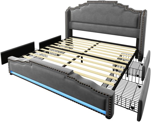 Merax Polsterbett 160×200, Doppelbett mit 4 Schubladen, LED-Beleuchtung und USB-C-Ladeanschluss, Stauraumbett und Jugendbett mit Lattenrost, Samt, Grau, ohne Matratze Bild 9