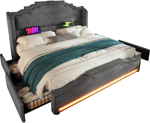 Merax Polsterbett 160×200, Doppelbett mit 4 Schubladen, LED-Beleuchtung und USB-C-Ladeanschluss, Stauraumbett und Jugendbett mit Lattenrost, Samt, Grau, ohne Matratze Bild 10