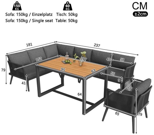 Celya Gartenlounge-Set Siebenpersonen L-förmiges Gartensofa-Set mit geflochtenen Armlehnen, (Inkl. Holz-Couchtisch & Sessel), Wetterfeste Eckgarnitur aus Eisen, Mit Polstern & Kissen, Grau