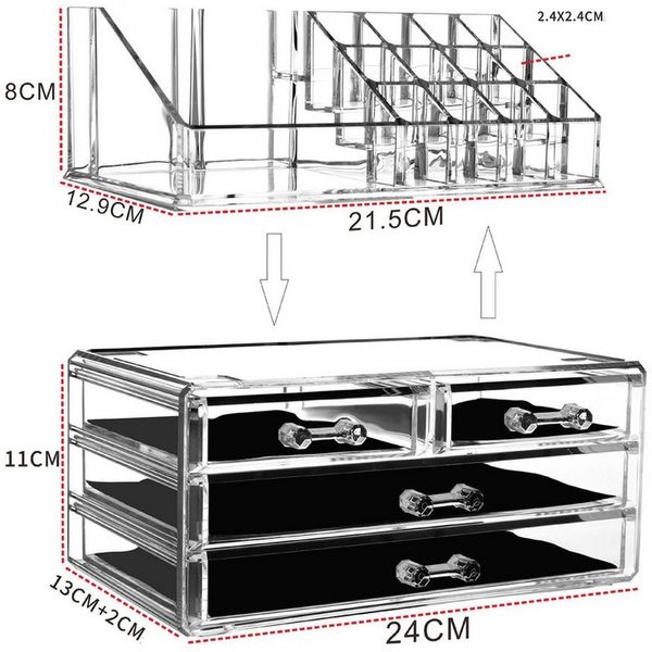 HEYHIPPO Make-Up Organizer Acryl Kosmetik Organizer mit 4 Schubladen, transparent,flexibel,modern, Elegante Aufbewahrungsbox für Kosmetik und Schmuck, 24L x 13B x 19H cm, Praktische Präsentationsbox für Schreibtisch, 4 abnehmbare Ebenen
