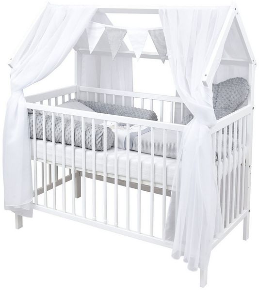 Baby-Delux Komplettbett Hausbett Babybett Schutzgitter Komplettset, 10-tlg, Kinderbett 60x120 cm weiß, Bettset verschiedene Designs