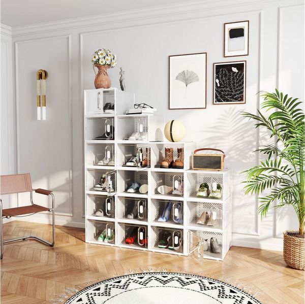 HOMCOM Schuhregal 8er Set, mit magnetischen Türen, Deckel, aus Kunststoff, Schuh-Organizer 8-tlg, für Schuhe bis Größe 45, Transparent+Weiß
