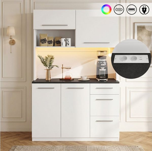 Flieks Küchenbuffet mit Steckdosen, LED-Beleuchtung und verstellbarer Einlegeböden (mit schwarzer Arbeitsplatte in Steintextur, 1-St, B120/T40/H180 cm) Hochschrank Küchenschrank Geschirrschrank mit Ladefunktion Weiß