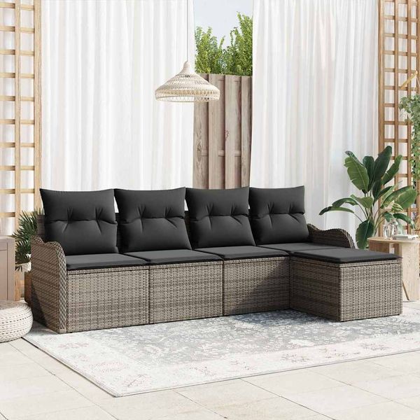 vidaXL Garten-Sofa-Set mit Kissen mit Speicher 5 pcs Grau Poly Rattan 3354328