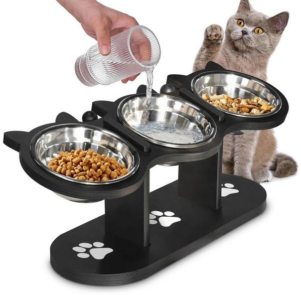 Refined Living Futternapf Katzennapf Erhöht Superdesign 15 Grad Neigung Hundenapf Erhöht, Napf-Set, Höhenverstellbarer Futternapf-Ständer 3 Edelstahlschalen