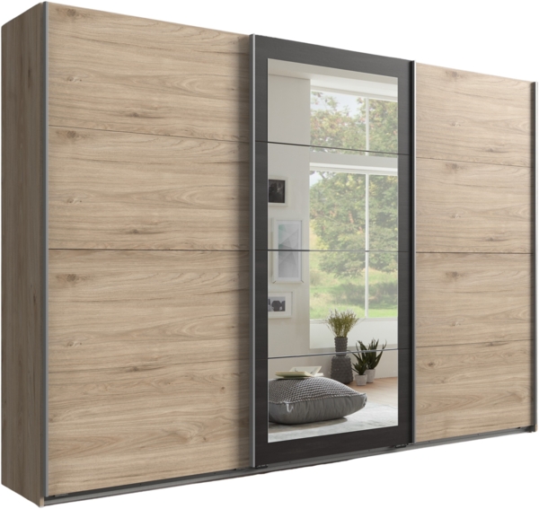 Schwebetürenschrank Kleiderschrank 270 cm Spiegel mit Zubehör Eichendekor Grau