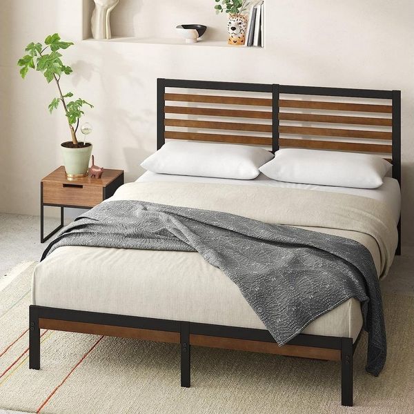 Zinus Kai Bett 90x200 cm - Höhe 23cm - Bambus und Metall Plattform Bettgestell mit Kopfteil und Stahl Lattenrost - Braun und Schwarz