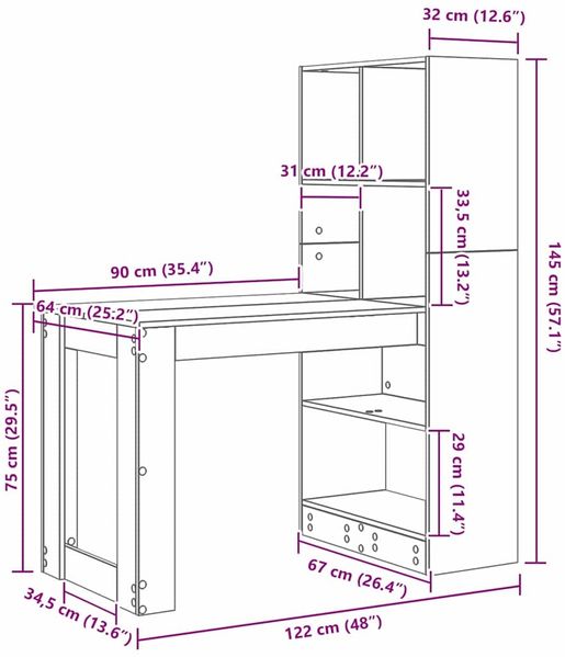 vidaXL Schreibtisch mit Regal Altholz 122 x 67 x 145 cm Holzwerkstoff 3337263 Bild 11