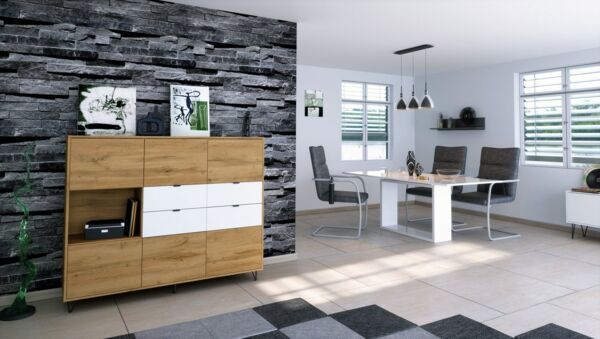 Vladon Highboard Milano (Highboard mit 6 Türen Eiche Evoke, 4 Schubladen Weiß matt, Made in Germany), Korpus Eiche Evoke (152,5 x 118 x 37 cm)