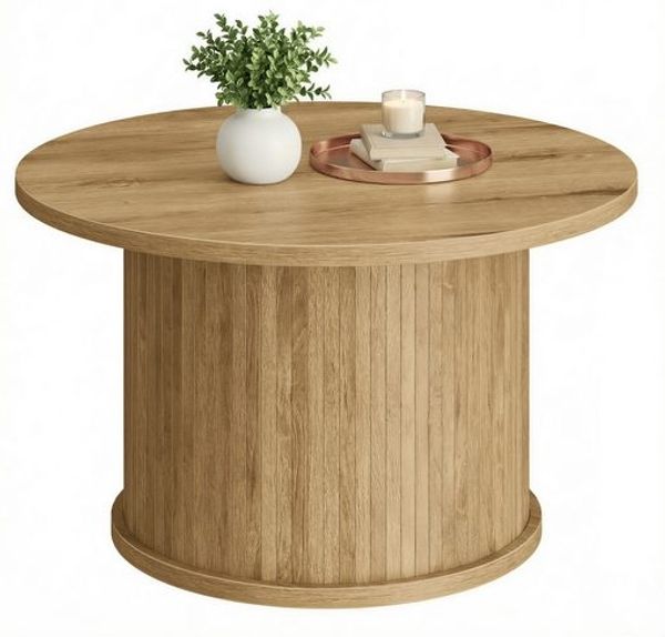 VASAGLE MIRIANA Kollektion - Couchtisch rund, Wohnzimmertisch, Kaffeetisch, Tambour-Design, Mid-Century-Modern-Stil, einfache Montage, für Homeoffice, 80x45 cm, naturbraun