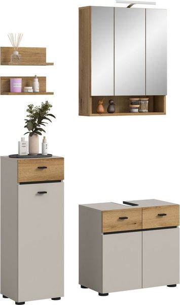 welltime Badmöbel-Set VANN, 5-teilige moderne Badkombination, inkl. Beleuchtung, (5-St, Midischrank, 2er Set Wandregal, Waschbeckenunterschrank,Spiegelschrank), Bad-Kombination, Bad-Möbel, Badezimmer, Kombination, Kombi, Bad-Set
