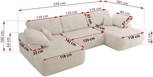 U-förmige Ecke, Ecksofa mit schlaffunktion und bettkasten, lose kissen, Wellenfeder, Big sofa XXL - CUBO U - Beige Cord Bild 8