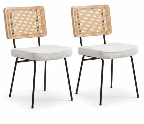 LVHOM 2er Set Esszimmerstuhl aus Chenille & Massivholz, Polsterstuhl mit Rattan-Optik, Küchenstuhl mit Metallbeinen, Beige