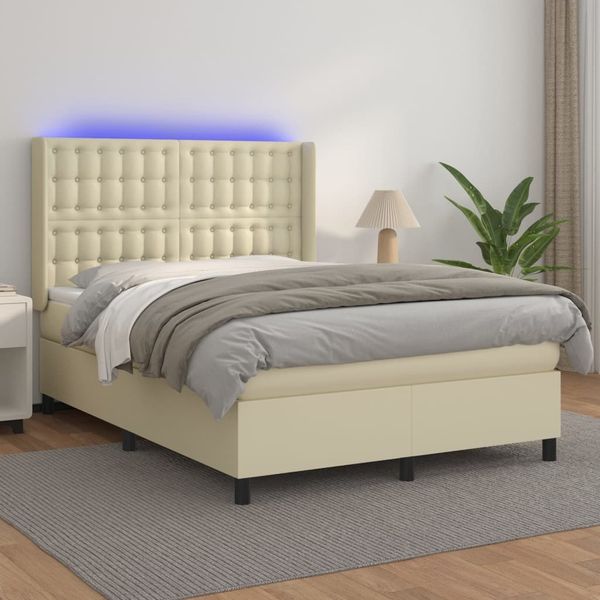 vidaXL Boxspringbett mit Matratze & LED Creme 140x190 cm Kunstleder 3139381