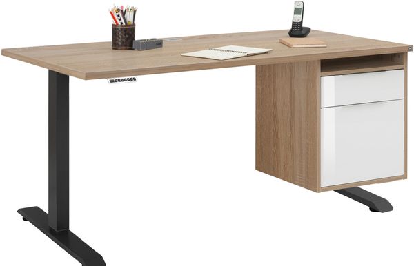 Schreibtisch mit Hängecontainer Anthrazit, Eiche Sonoma und Weiß, elektrisch höhenverstellbar – von MAJA Möbel, elektrisch & ergonomisch – Container rechts oder links wählbar - 1 teilig , Container rechts