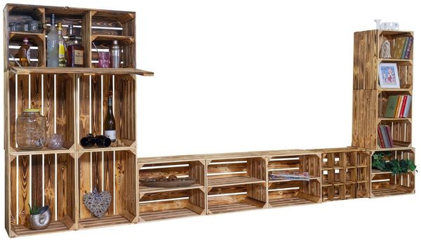 Kistenkolli Altes Land Allzweckkiste TV-Board mit Minibar "Sienna" mit Regal Wohnwand Mediawand Schrankwand (Spar-Set)