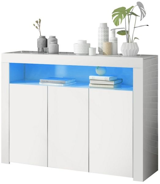 BlingBin Sideboard Vitrine Wohnzimmerschrank (1 St, mit LED-Leuchten und 3 Türen), 130L x 35B x 95H cm, Weiß