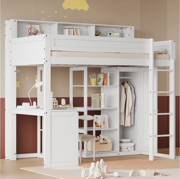 Flieks Hochbett Etagenbett Kinderbett 90x200 cm mit Schreibtisch und Kleiderschrank