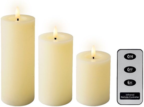 Lumineo LED-Wachskerzen 3-tlg mit Fernbedienung, Wachs beige, 7 cm Durchmesser, Flacker-Effekt