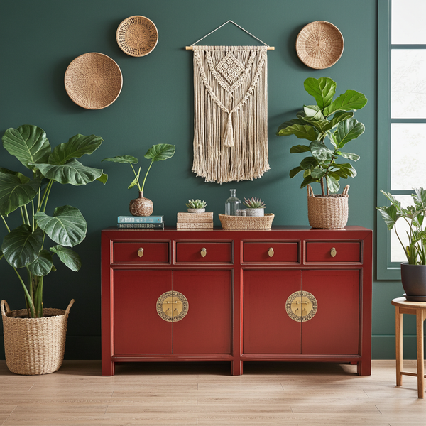 Chinesisches Sideboard Rot Dunkelrot Messingbeschlag vintage schlicht Schrank Kommode Kolonial-Stil Antik-Stil Lowboard asiatisch orientalisch Fernost shabby-chic Landhaus