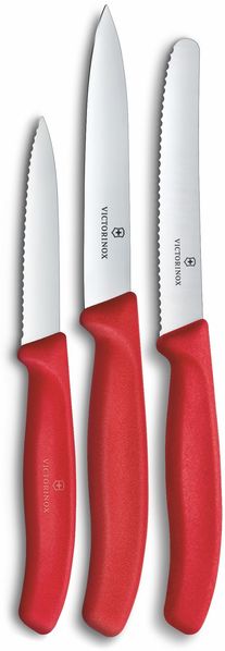 Victorinox Swiss Classic Küchenmesser Set, 3teilig, Gemüse-, Tomaten- und Frühstücksmesser, Rostfreier Stahl, Rot