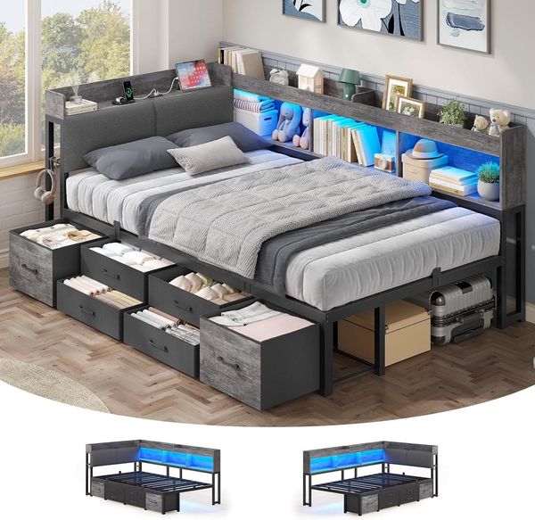 MSMASK Daybett Tagesbett Schlafsofa mit LED-Beleuchtung & Ladestation, Jugendbett mit 6 Staufächern und 6 Schubladen – Liegefläche 90x200 cm