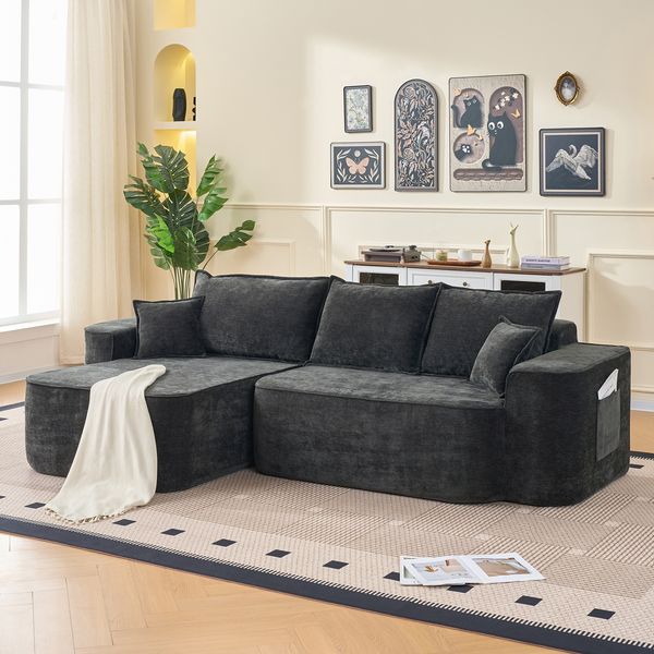 Modulares Mehrsitzer-Ecksofa H 65 x T 262 x B 144 cm aus Chenille in Schwarz, 2-teilig, flexibel kombinierbar