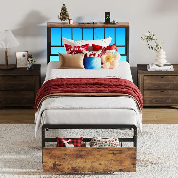 IRONCK Bett 90x200 mit Stauraum, Metallbett mit Schubladen, Bettgestell 90x200 mit LED-Beleuchtung & Ladestation, Jugendbett, Einzelbett mit Lattenrost aus Metall