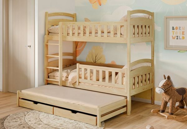 Kids Collective Etagenbett Hochbett Kinderbett 90x200 cm mit Lattenrost und Rausfallschutz, mit Ausziehbett, zwei Schubladen und drei Matratzen, natur